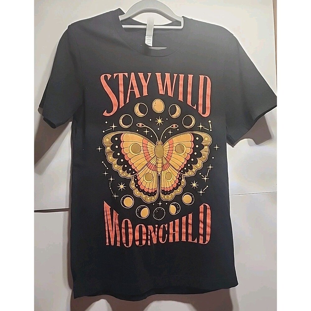 Stay Wild Moonchild T-Shirt Bella Canvas Size S Black Butterfly Moon Phases Boho